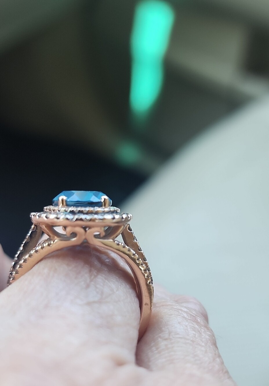Levian london blue topaz double halo ring Chocolate and white diamonds.